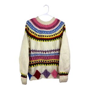 Vintage Sweater Colorful Diamond Pattern Knit Pullover Handmade